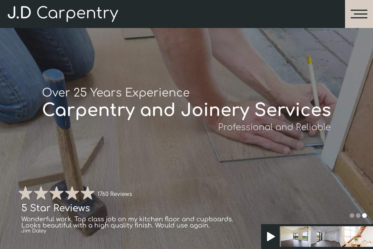 Image of the top of a web page for a carpentry business showing the team at work laying flooring, web design for tradesmen in Bournemouth.