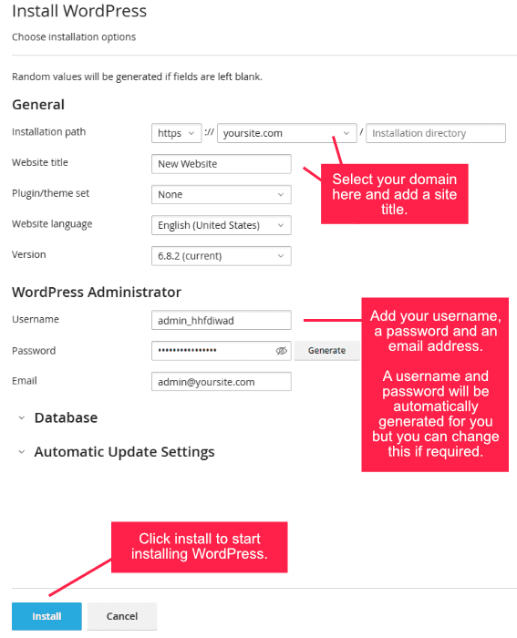 Picture of the settings screen when installing WordPress using ChemiCloud.