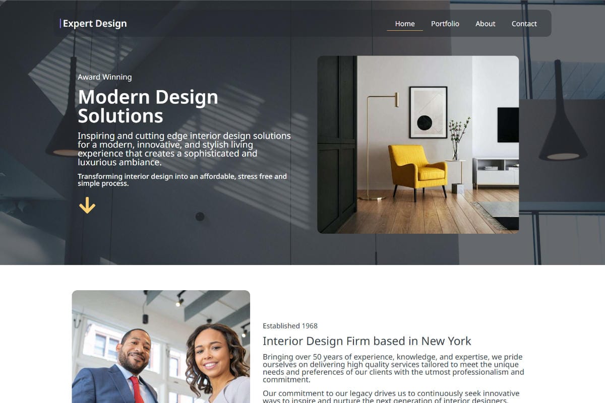Image of the top of a web page showing the web design for Interior Designers services provided.