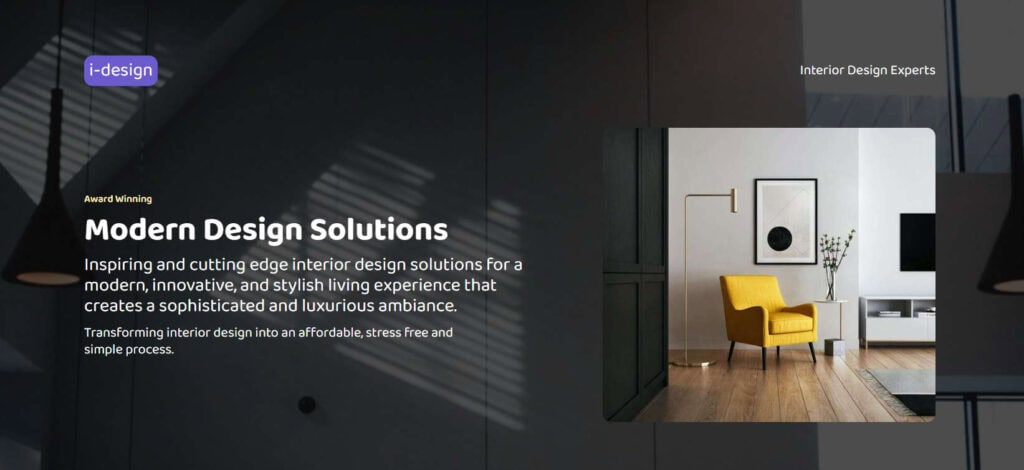 Image of a modern room with lots of high quality furniture, over this image is an image of a stylish yellow chair.